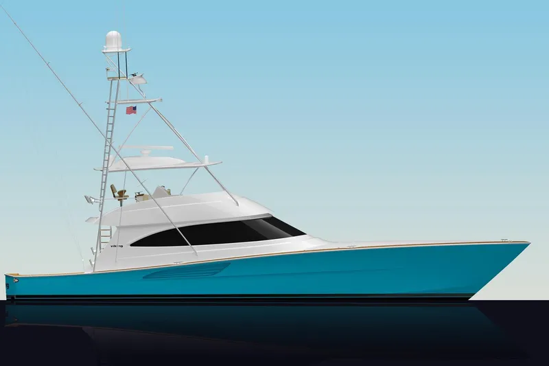 The Image of 2026 Viking 70 Convertible yacht with sleek design against a clear sky. - 1