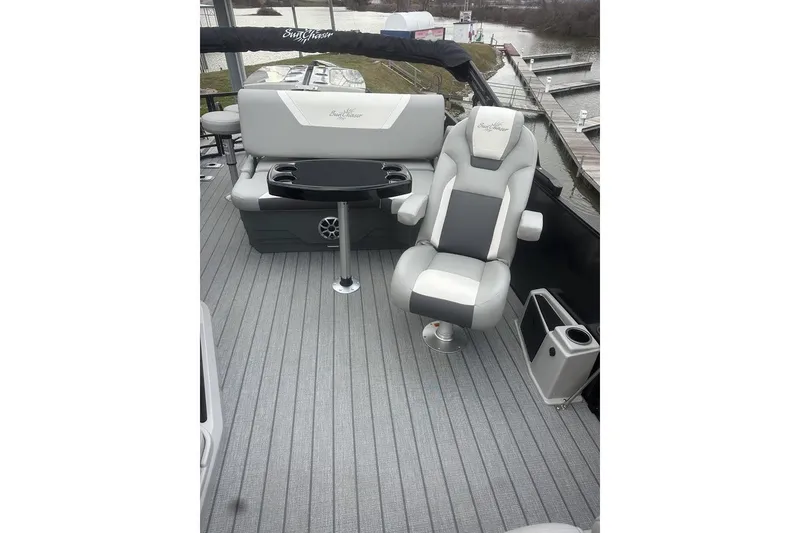 Slide: The Image of Luxurious seating on 2026 SunChaser Eclipse 25 SBX DH BAR pontoon boat. - 18