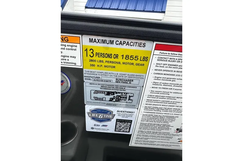 Slide: The Image of Capacity label for SunChaser Eclipse 25 SBX DH BAR, 2026 model, 13 persons or 1855 lbs. - 6