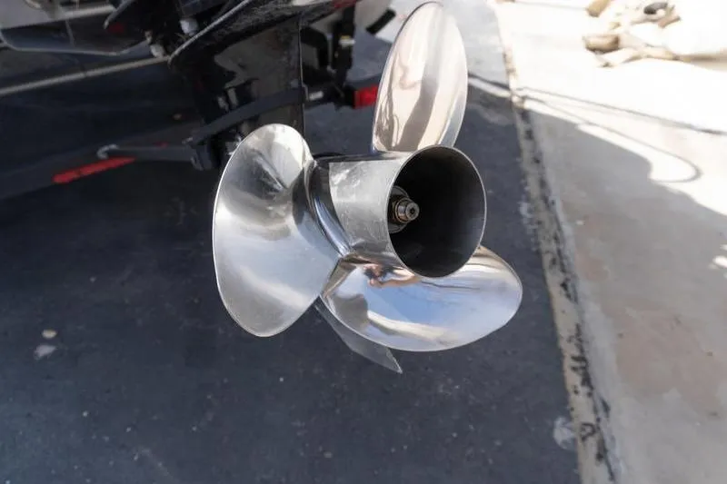Slide: The Image of Close-up of a 2019 Sun Tracker Fishin' Barge 22 DLX boat propeller. - 5