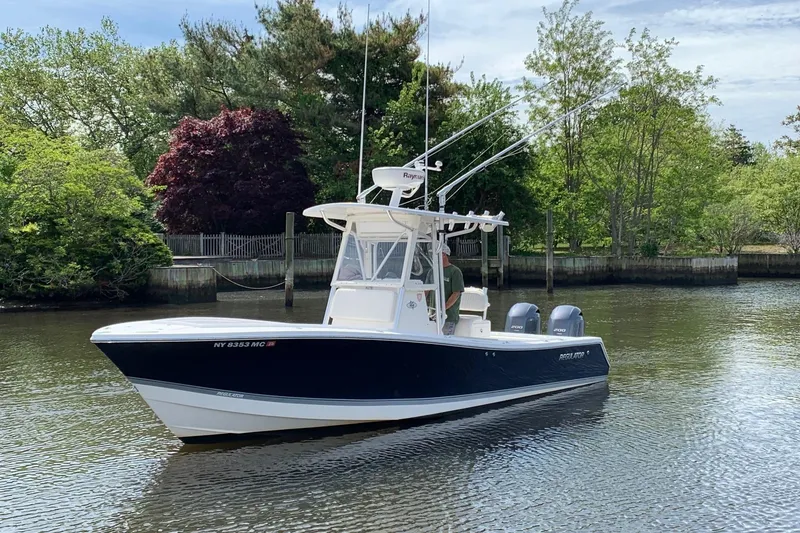 Slide: The Image of 2006 Regulator 24 Classic boat on calm water, surrounded by lush greenery. - 3