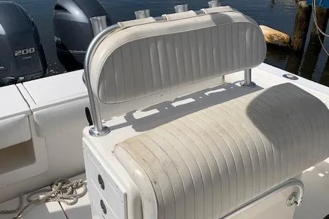Slide: The Image of 2006 Regulator 24 Classic boat seating with dual engines in the background. - 31