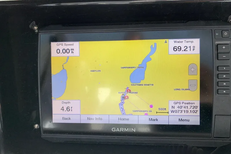 Slide: The Image of Garmin GPS display on a 2006 Regulator 24 Classic, showing location near Babylon, Long Island. - 7