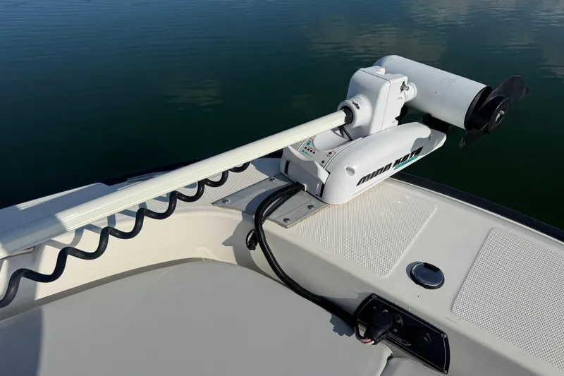 Slide: The Image of 2014 Boston Whaler 210 Dauntless boat with mounted trolling motor on calm water. - 12