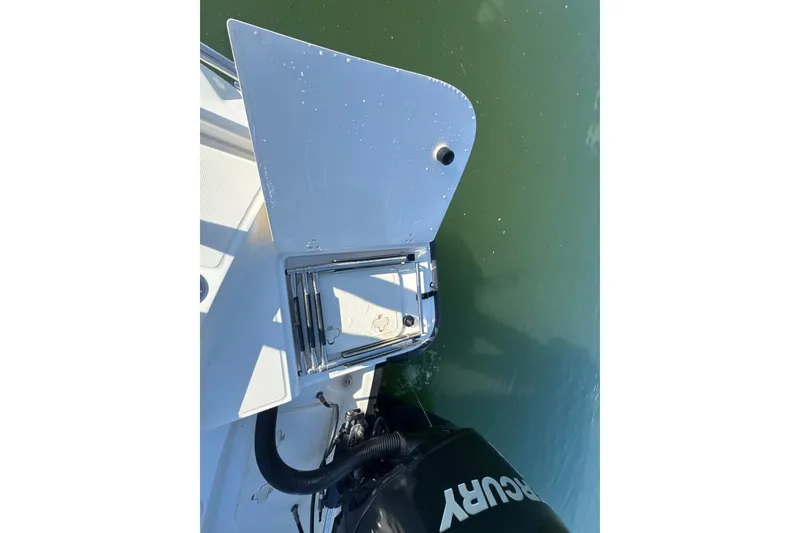 Slide: The Image of Boston Whaler 210 Dauntless 2014 boat ladder and Mercury engine in water. - 28
