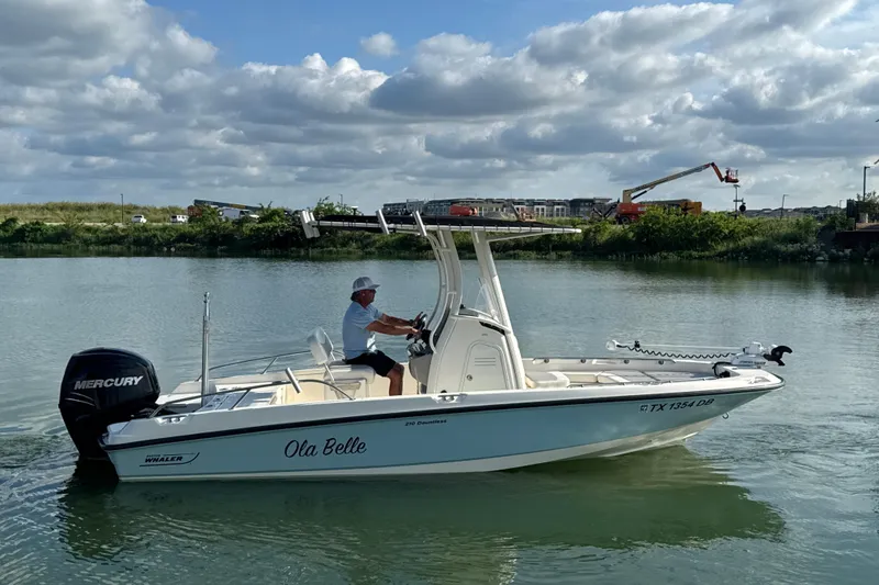 Slide: The Image of 2014 Boston Whaler 210 Dauntless boat on a calm lake under cloudy skies. - 7