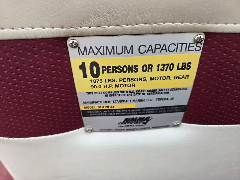 Slide: The Image of Starcraft STR20 boat capacity label, 10 persons or 1370 lbs, year 2005. - 28