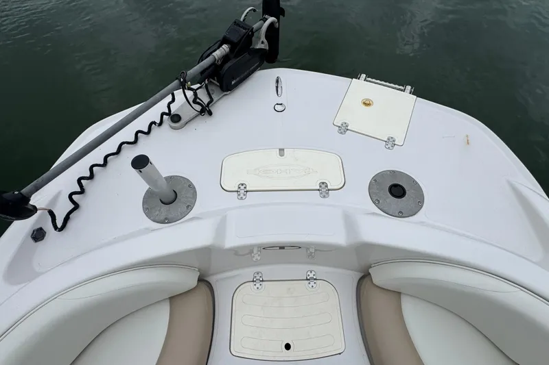 Slide: The Image of 2017 Tahoe 195 boat deck with seating and fishing rod holders. - 16