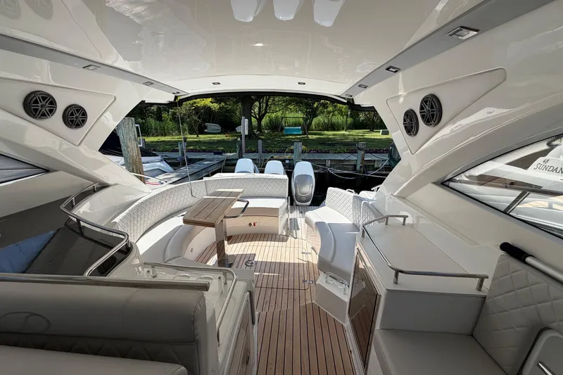 Slide: The Image of Luxurious 2023 Schaefer 400 yacht interior with elegant seating and modern design. - 24