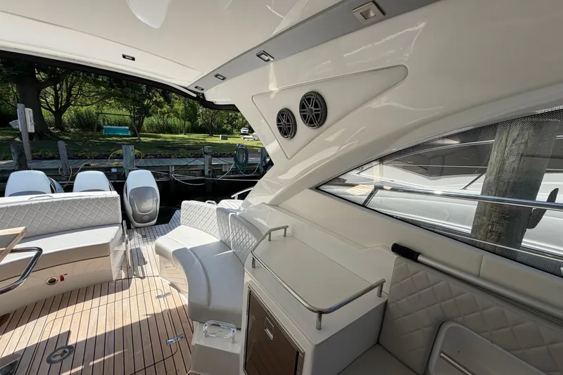 Slide: The Image of Luxurious 2023 Schaefer 400 yacht interior with elegant seating and modern design. - 26