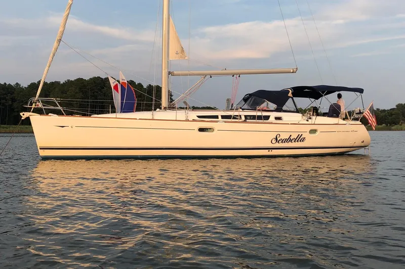 Slide: The Image of 2006 Jeanneau Sun Odyssey 45 sailboat named "Seabella" on calm water at sunset. - 4