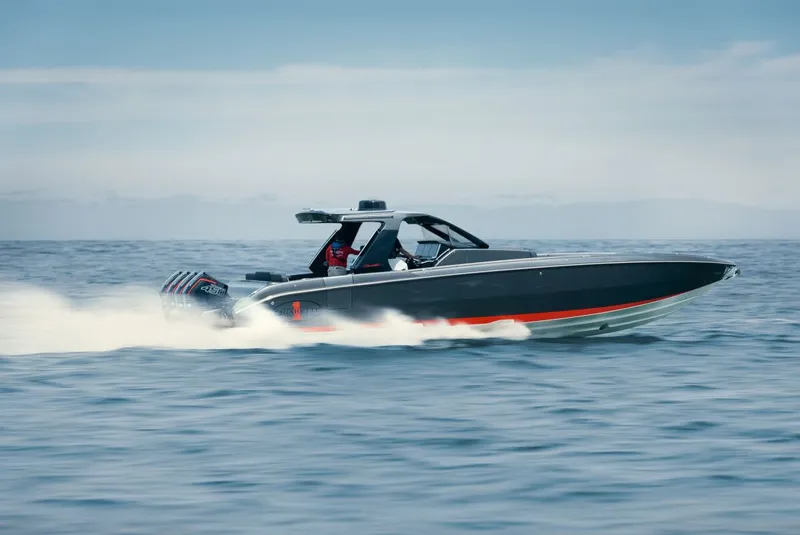 The Image of 2025 Cigarette 41' Nighthawk speedboat on the ocean. - 1