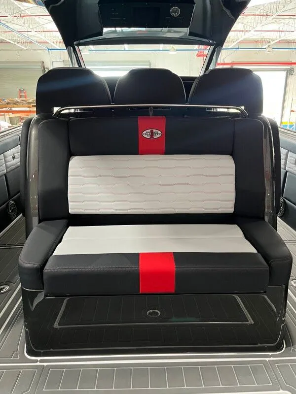 Slide: The Image of Interior of Cigarette 41' Nighthawk 2025 with stylish seating design. - 5