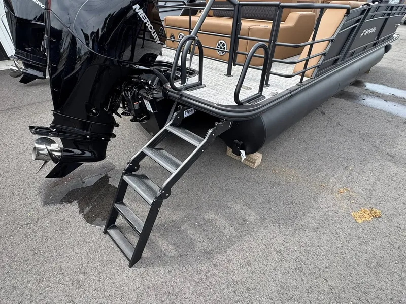 Slide: The Image of Starcraft SLS-5 Q DH 2026 pontoon boat with outboard motor and ladder. - 28