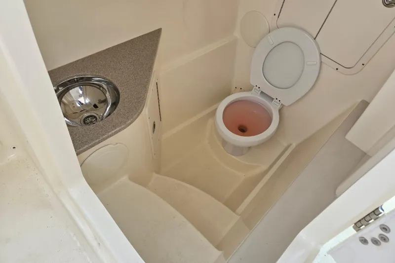 Slide: The Image of 2015 World Cat 295 DC boat bathroom with sink and toilet. - 19