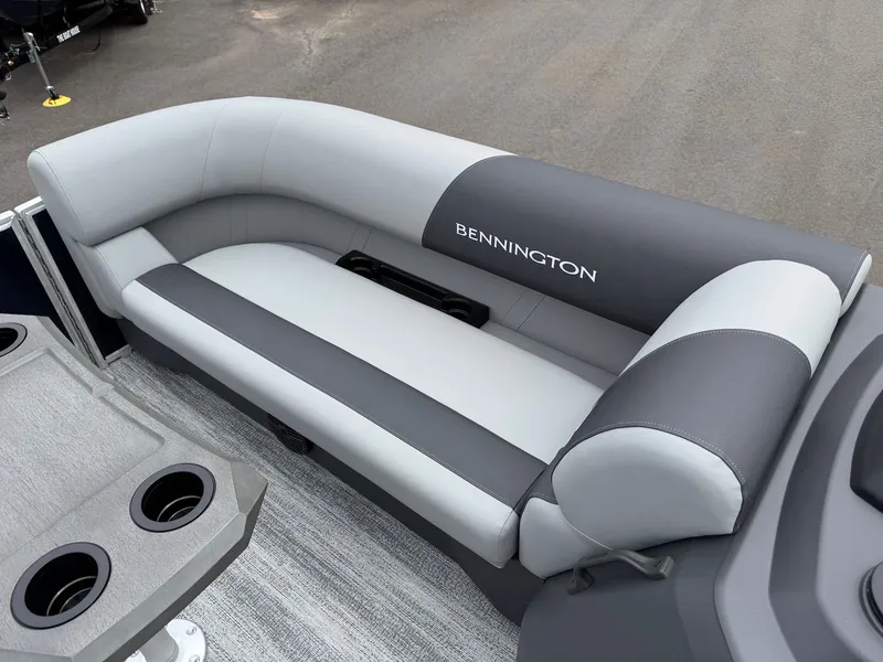 Slide: The Image of Bennington 22SSR 2026 boat seat with gray upholstery. - 30