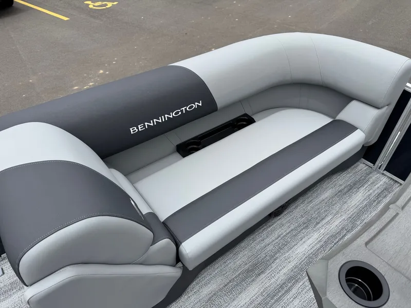 Slide: The Image of Bennington 22SSR 2026 boat seat with gray upholstery. - 31