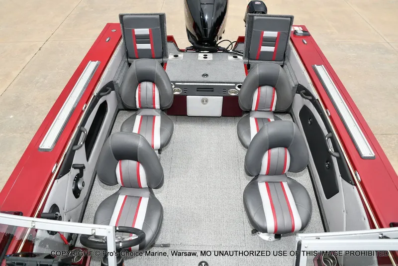 Slide: The Image of Interior of 2021 Ranger VX1888 WT boat with gray and red seats. - 12
