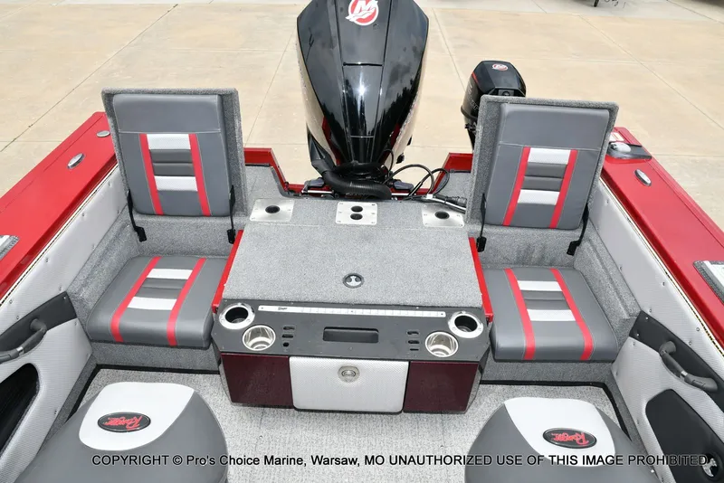 Slide: The Image of Interior of a 2021 Ranger VX1888 WT boat with gray and red seating. - 13