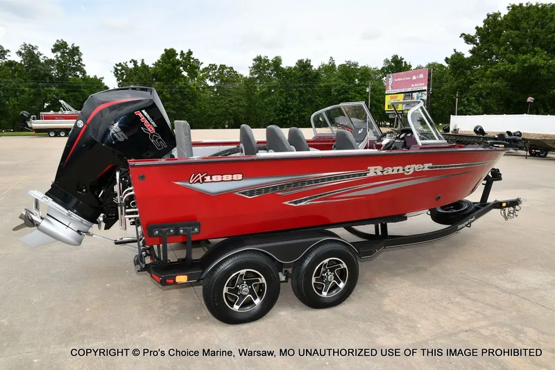 Slide: The Image of 2021 Ranger VX1888 WT boat with 225 Pro-XS engine, red, on trailer. - 16