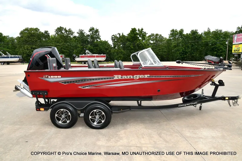 Slide: The Image of Ranger VX1888 WT boat, red, 2021 model on trailer. - 17