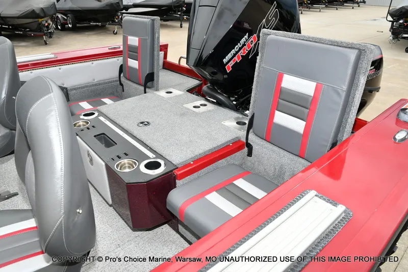 Slide: The Image of Interior of a 2021 Ranger VX1888 WT boat with gray and red seats. - 36