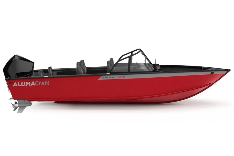 Slide: The Image of 2026 Alumacraft Trophy 195X Sport boat in red, side view. - 7