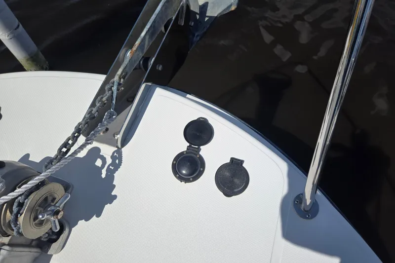 Slide: The Image of Bow deck of 2012 American Tug 365 Flybridge with anchor chain and fittings. - 88