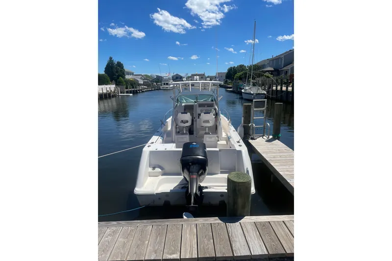 Slide: The Image of 2002 Pro-Line 260 Walkaround boat docked in a serene marina under a clear blue sky. - 4