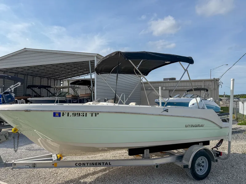 Slide: The Image of 2023 Stingray 172 SC boat on trailer outdoors. - 4