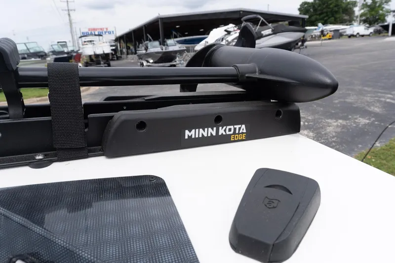 Slide: The Image of Minn Kota Edge trolling motor on 2026 G3 Sportsman 1610 boat, outdoor setting. - 10