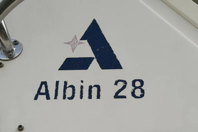 Slide: The Image of Albin 28 Tournament Express logo on boat, 2000 model. - 33
