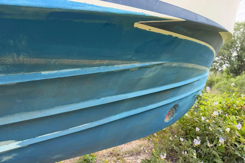 Slide: The Image of Close-up of 2000 Albin 28 Tournament Express hull with blue paint and floral surroundings. - 42