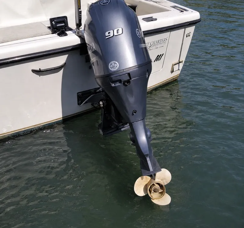Slide: The Image of Outboard motor on a 1999 Pursuit 3400 Express boat. - 19
