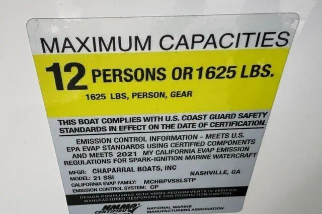Slide: The Image of Maximum capacity label for 2021 Chaparral 21 SSi: 12 persons or 1625 lbs. - 19