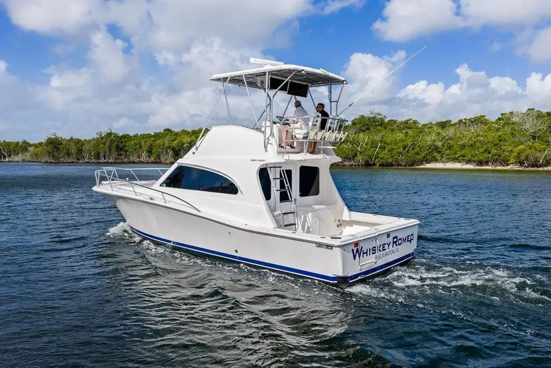 Slide: The Image of 2005 Luhrs 38 Convertible yacht cruising on a sunny day near lush shoreline. - 10