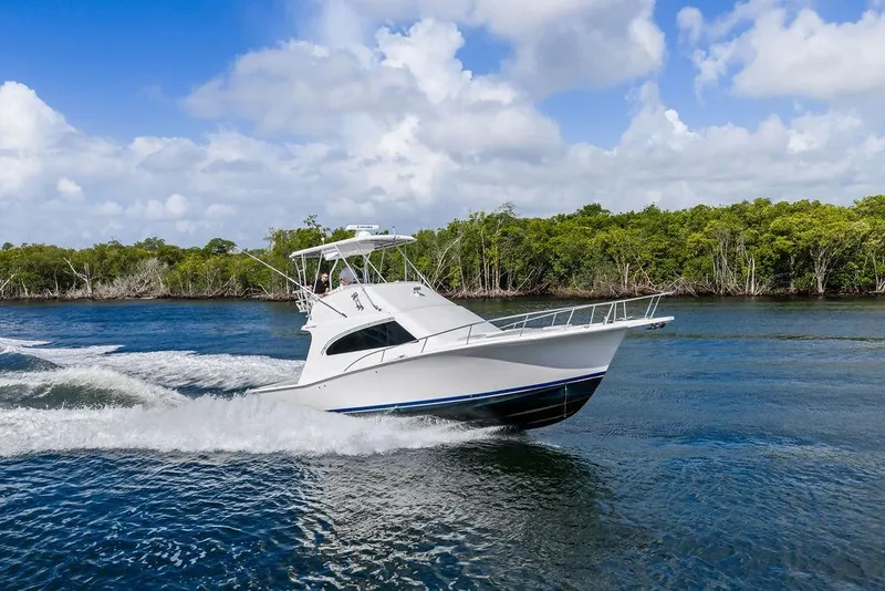 Slide: The Image of 2005 Luhrs 38 Convertible yacht cruising on a scenic waterway under a blue sky. - 16
