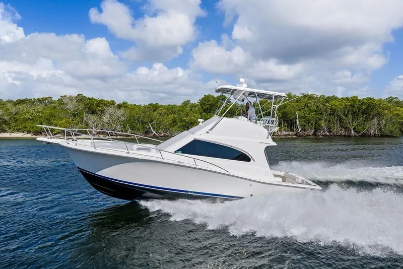 Slide: The Image of 2005 Luhrs 38 Convertible yacht cruising on water with lush greenery in the background. - 18