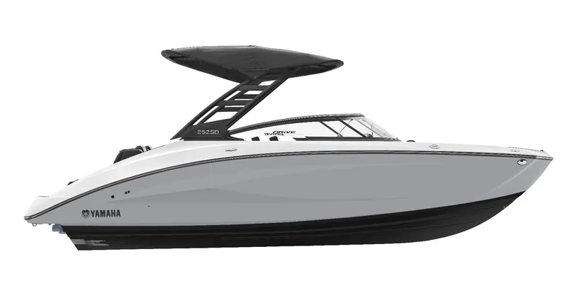 Slide: The Image of 2025 Yamaha Boats 252SD, sleek design, side view. - 9