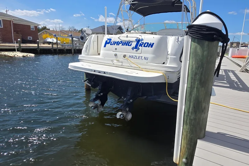 Slide: The Image of 2005 Sea Ray 290 Amberjack docked, rear view, with "Pumping Iron" name, Hazlet, NJ. - 29