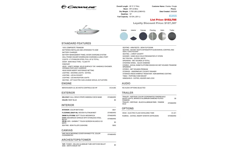 Slide: The Image of Crownline Eclipse E255 2027 boat specifications and pricing details sheet. - 1
