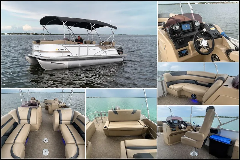 Slide: The Image of 2021 Sylvan L1 SPX pontoon boat on water, featuring luxurious seating and modern dashboard. - 9
