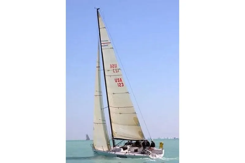 Slide: The Image of Sailing Melges 32 yacht from 2005 on open water, clear sky background. - 4