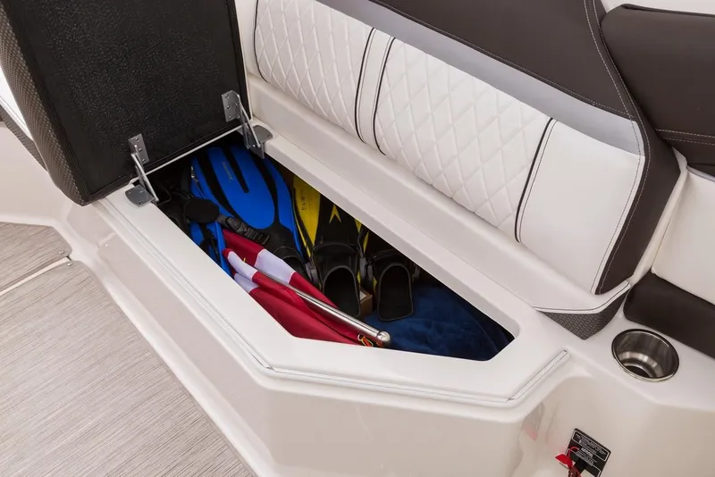 Slide: The Image of Manufacturer Provided Image: 2019 Sea Ray SLX 350 OB boat storage compartment with gear. - 17