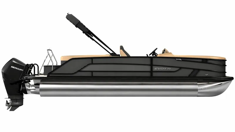 Slide: The Image of Evotti 521CS 2026 pontoon boat with Mercury engine, side view. - 29
