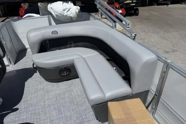 Slide: The Image of 2026 Sun Tracker Party Barge 18 DLX with gray seating and spacious deck layout. - 8