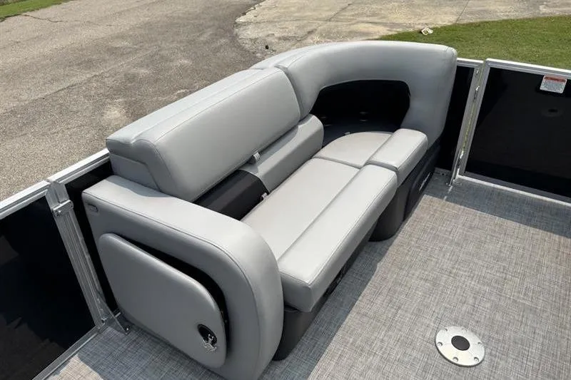 Slide: The Image of 2026 Sun Tracker Party Barge 22 RF XP3 with gray seating on deck. - 7