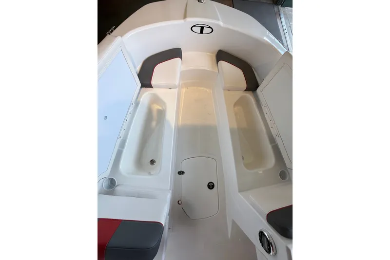Slide: The Image of 2026 Tahoe T16 boat interior with storage compartments and seating. - 9