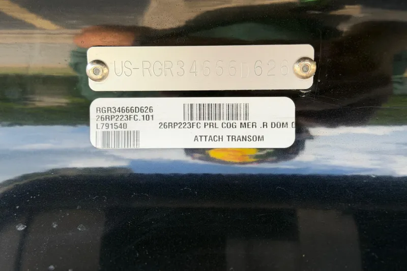 Slide: The Image of Boat identification plate on a 2026 Ranger 223FC, displaying serial and model numbers. - 27