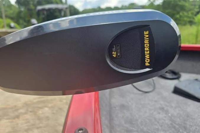 Slide: The Image of PowerDrive motor on 2026 Tracker Pro Guide V-16 WT boat, close-up view. - 12